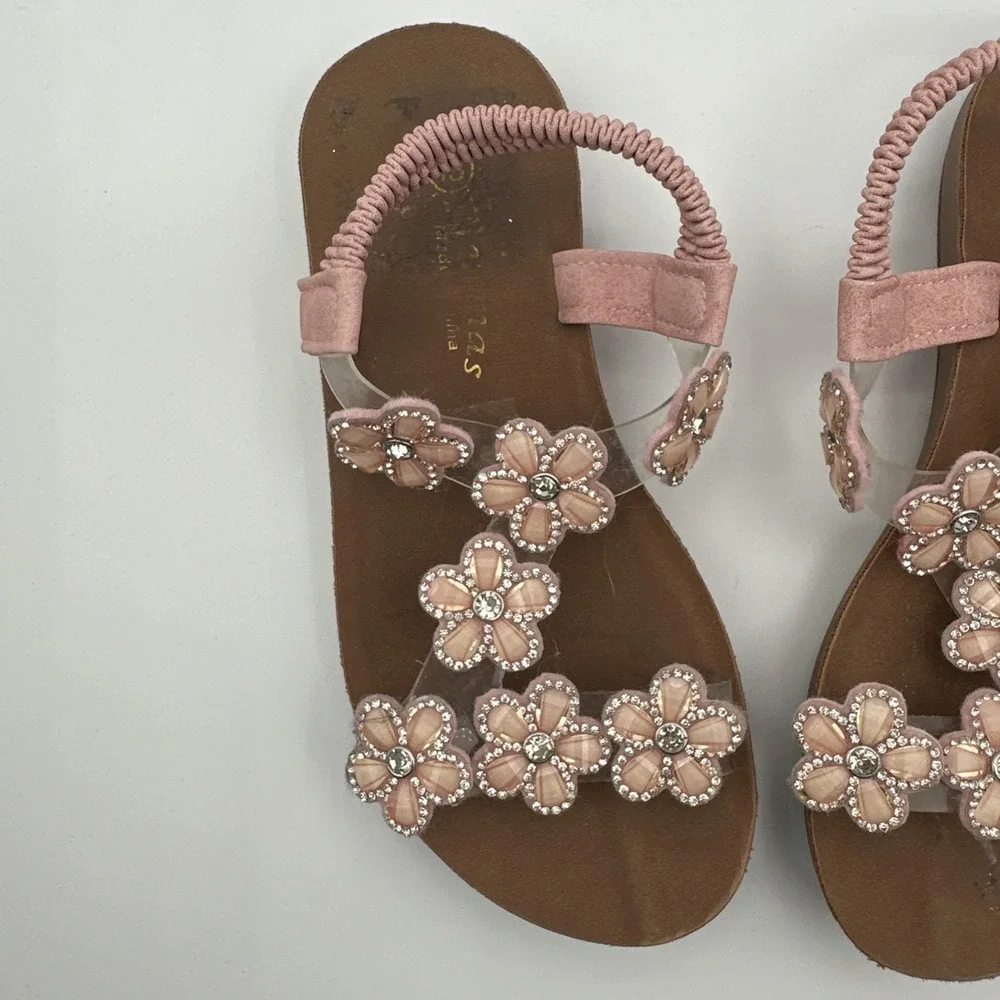 BoHo Girls Rinestone Flower T-Strap Flat Sandals Elastic Slingback Summer